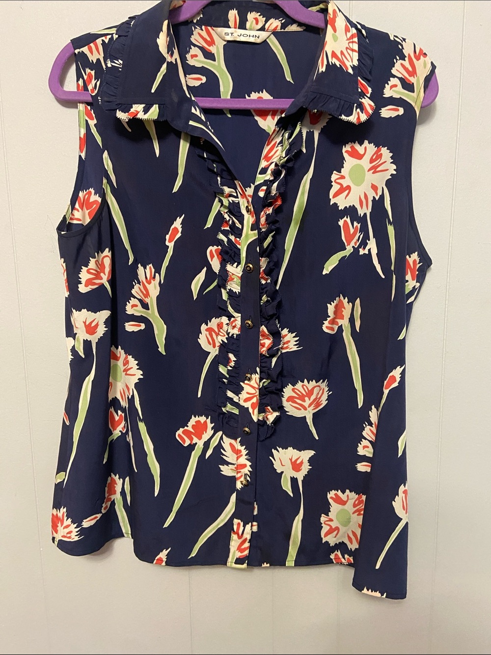 St. John Sleeveless Floral Ruffle Blouse - Navy/Coral. 94% silk - Picture 6 of 6